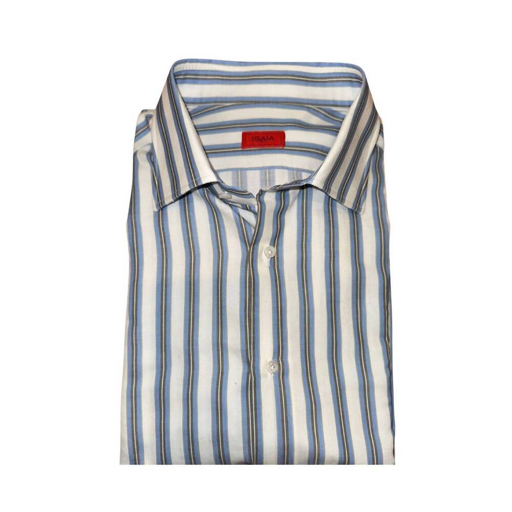 NEW ISAIA men's double stripe sportshirt in denim and sage